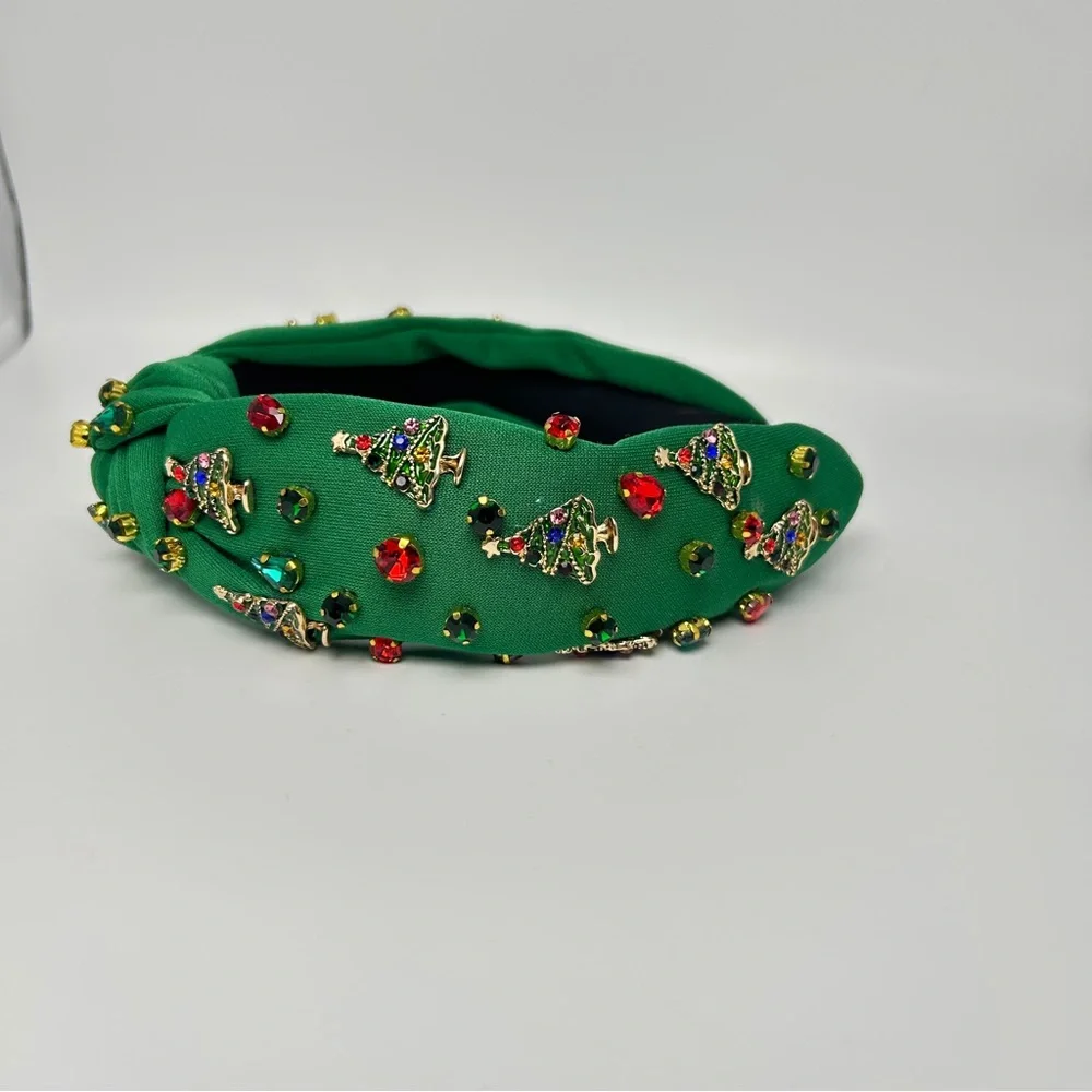Green Embellished Knot Headband Christmas Tree Rhinestone Jewels One Size